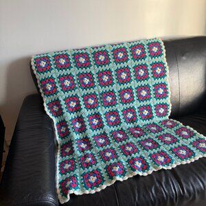 Handmade Granny Square Blanket Throw Pink Red White Boho 34" x 45"